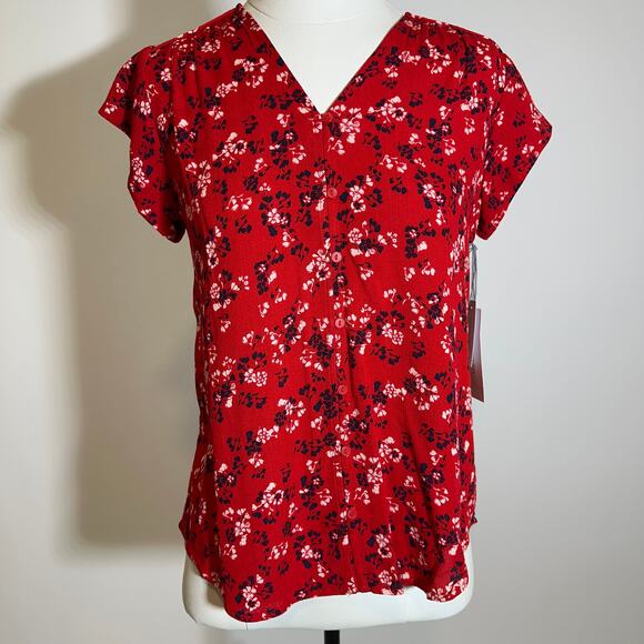 NWT Liz Claiborne Red Floral Short Sleeve Button Up Gauze Blouse Womens Size XS - Picture 1 of 9